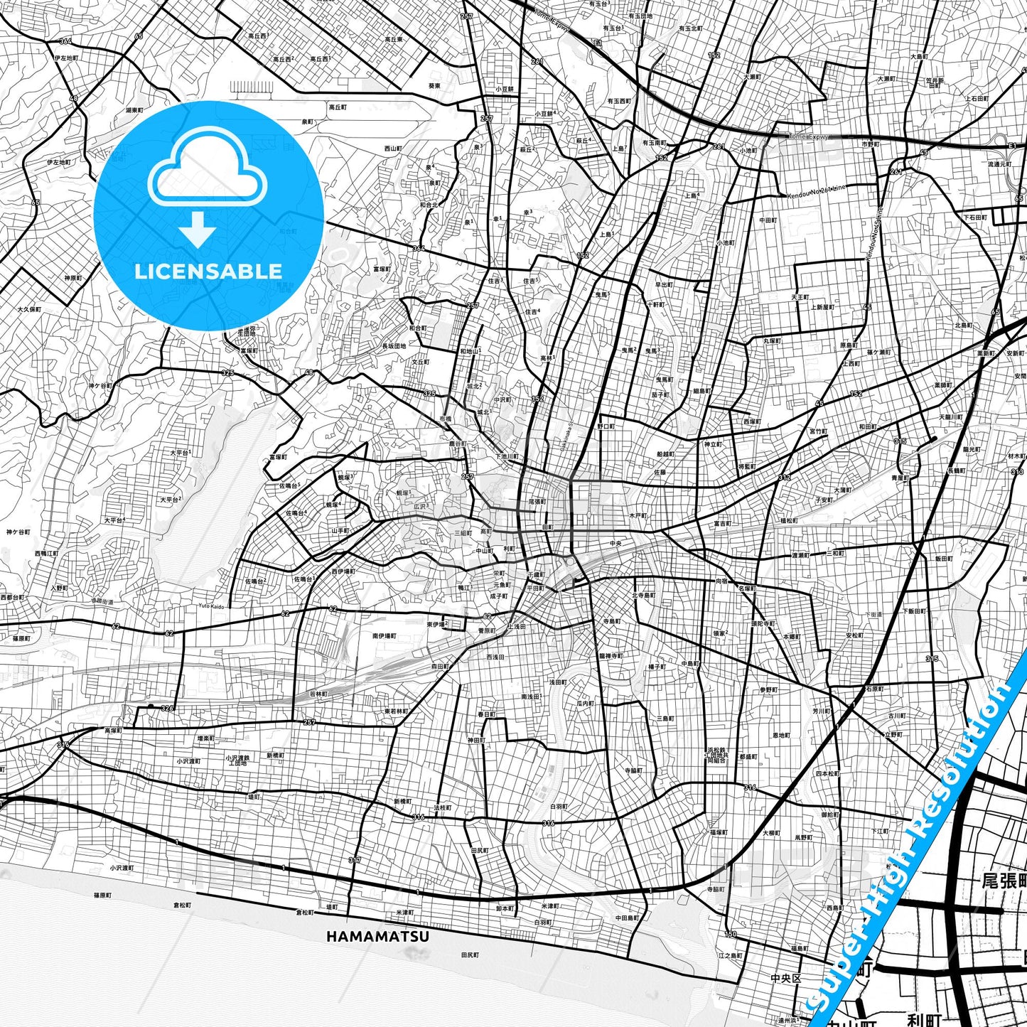 Hamamatsu, Japan Light Map with Street Names, City Names, and Districts