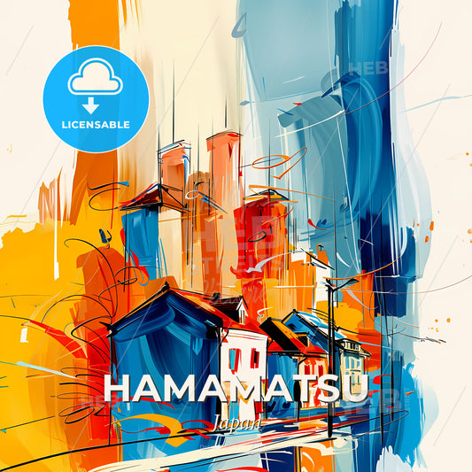 Vibrant Hamamatsu, Japan - A Painting Of Buildings And Smoke Stacks - Square format print template