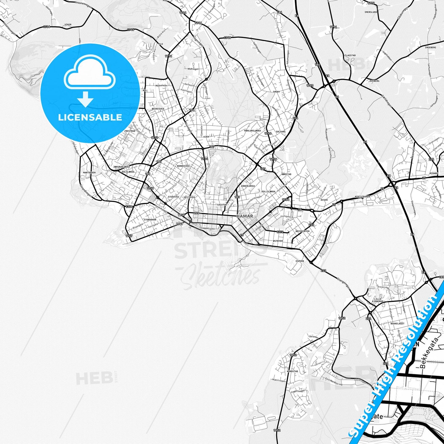 Hamar, Norway Light Map with Street Names, City Names, and Districts