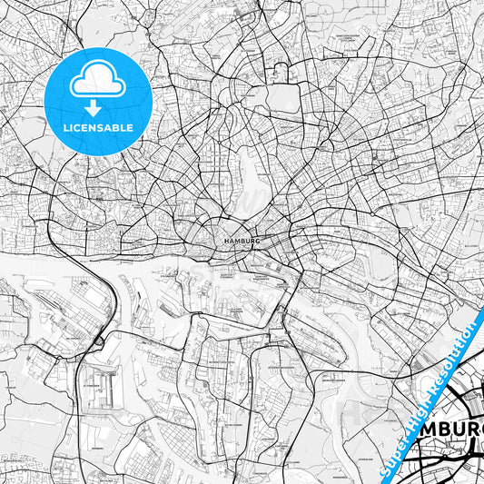 Hamburg, Germany light map with streetnames, citynames and districts