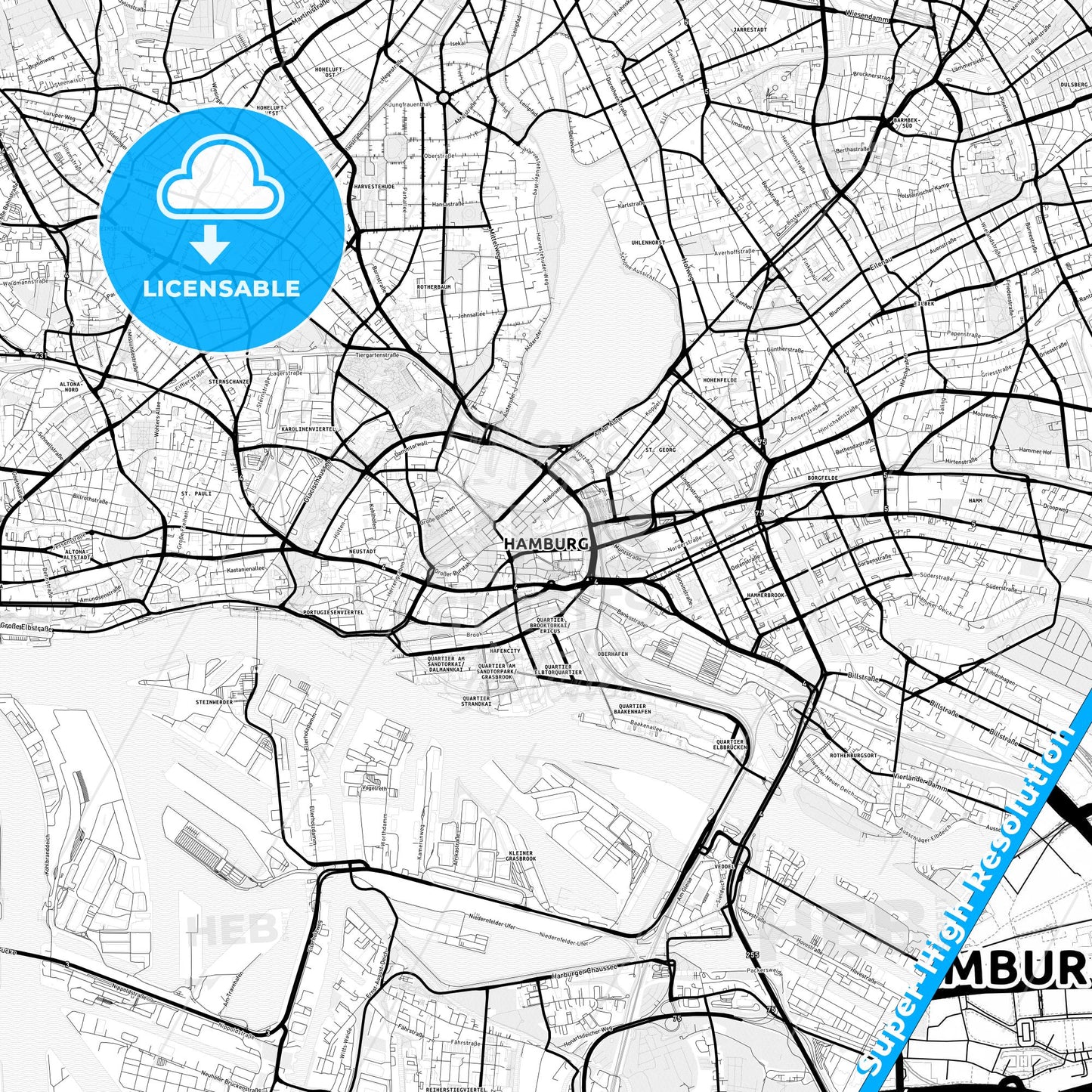 Hamburg, Germany Light Map with Street Names, City Names, and Districts