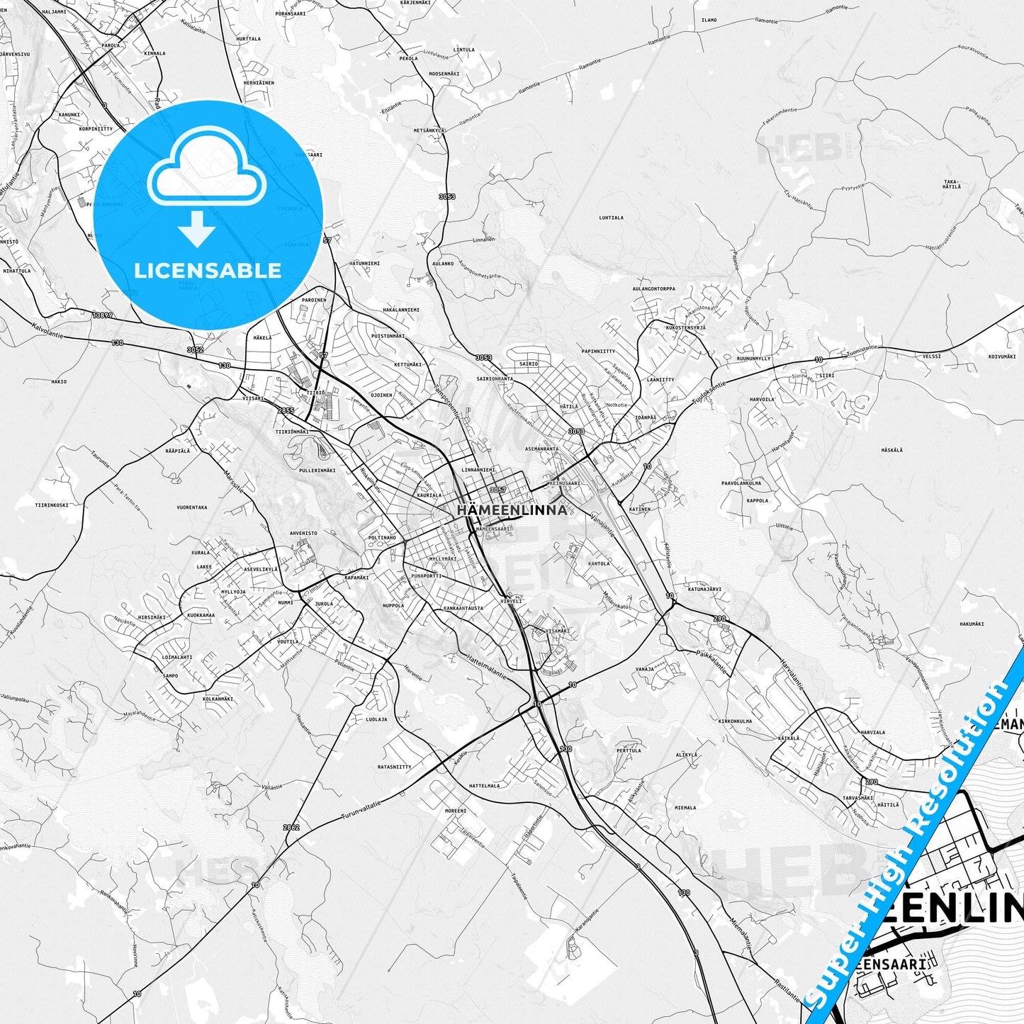 Hämeenlinna, Finland light map with streetnames, citynames and districts