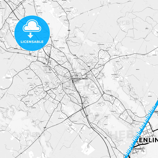 Hämeenlinna, Finland light map with streetnames, citynames and districts