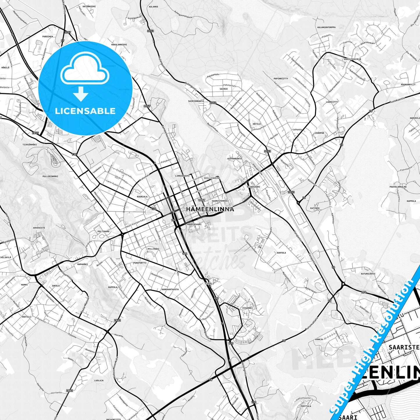 Hämeenlinna, Finland Light Map with Street Names, City Names, and Districts