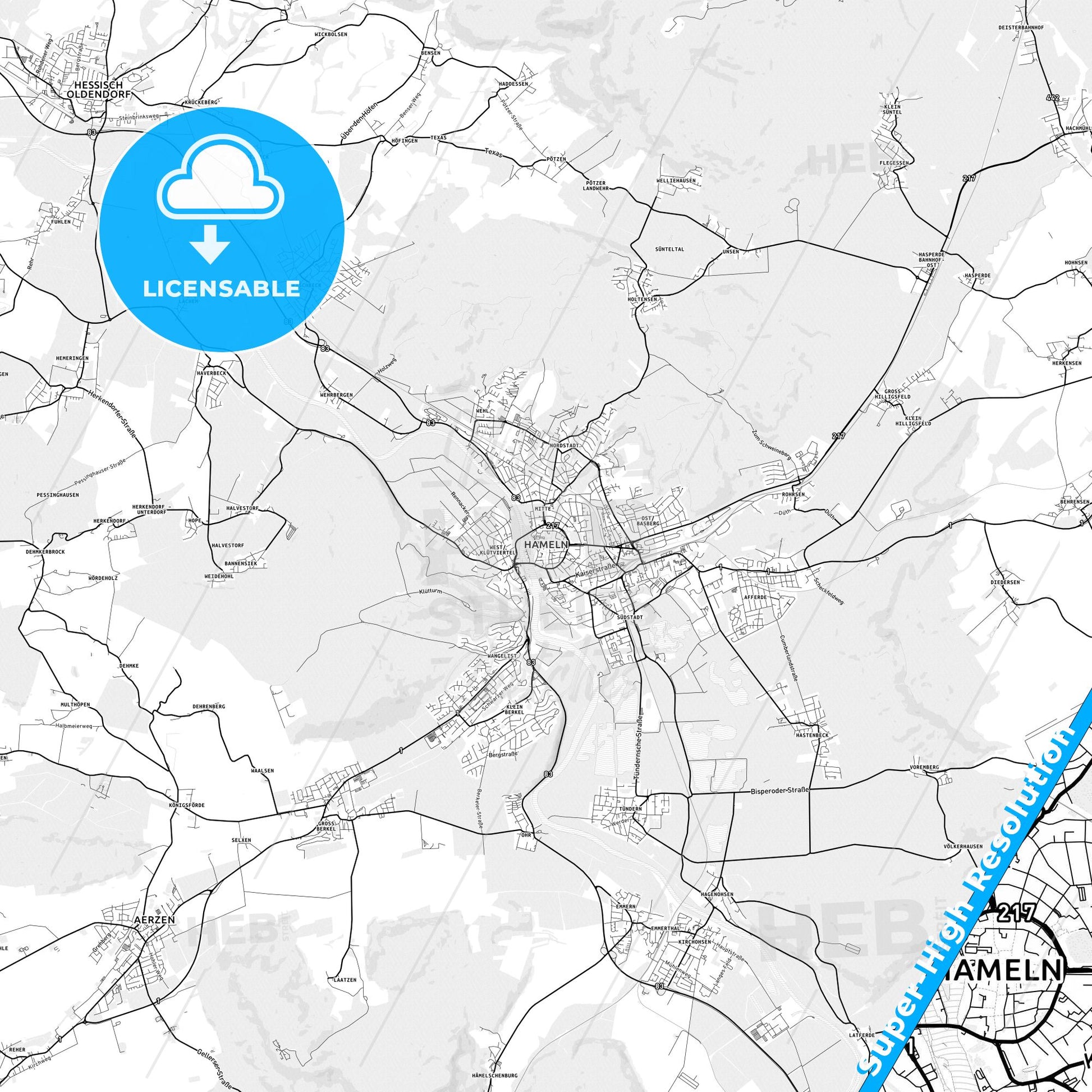 Hameln, Germany light map with streetnames, citynames and districts