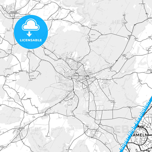 Hameln, Germany light map with streetnames, citynames and districts