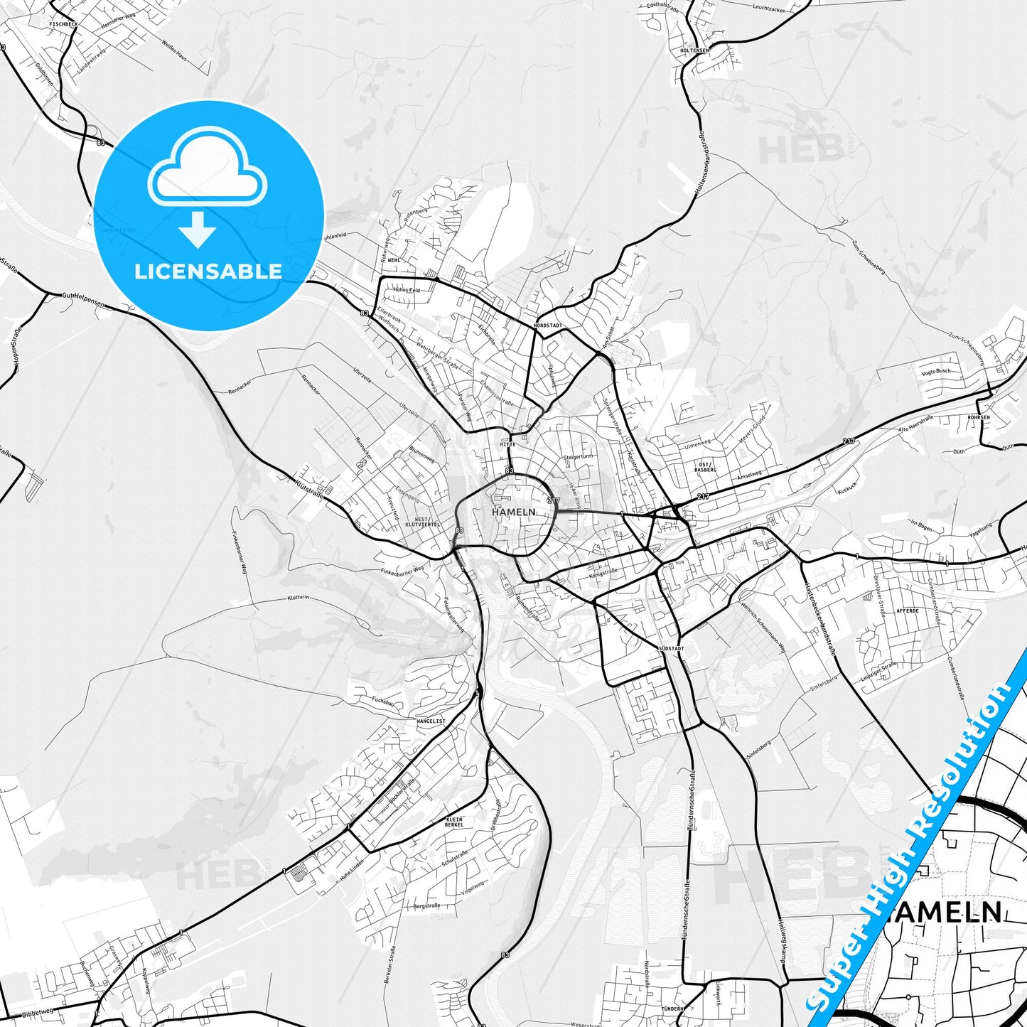 Hameln, Germany Light Map with Street Names, City Names, and Districts