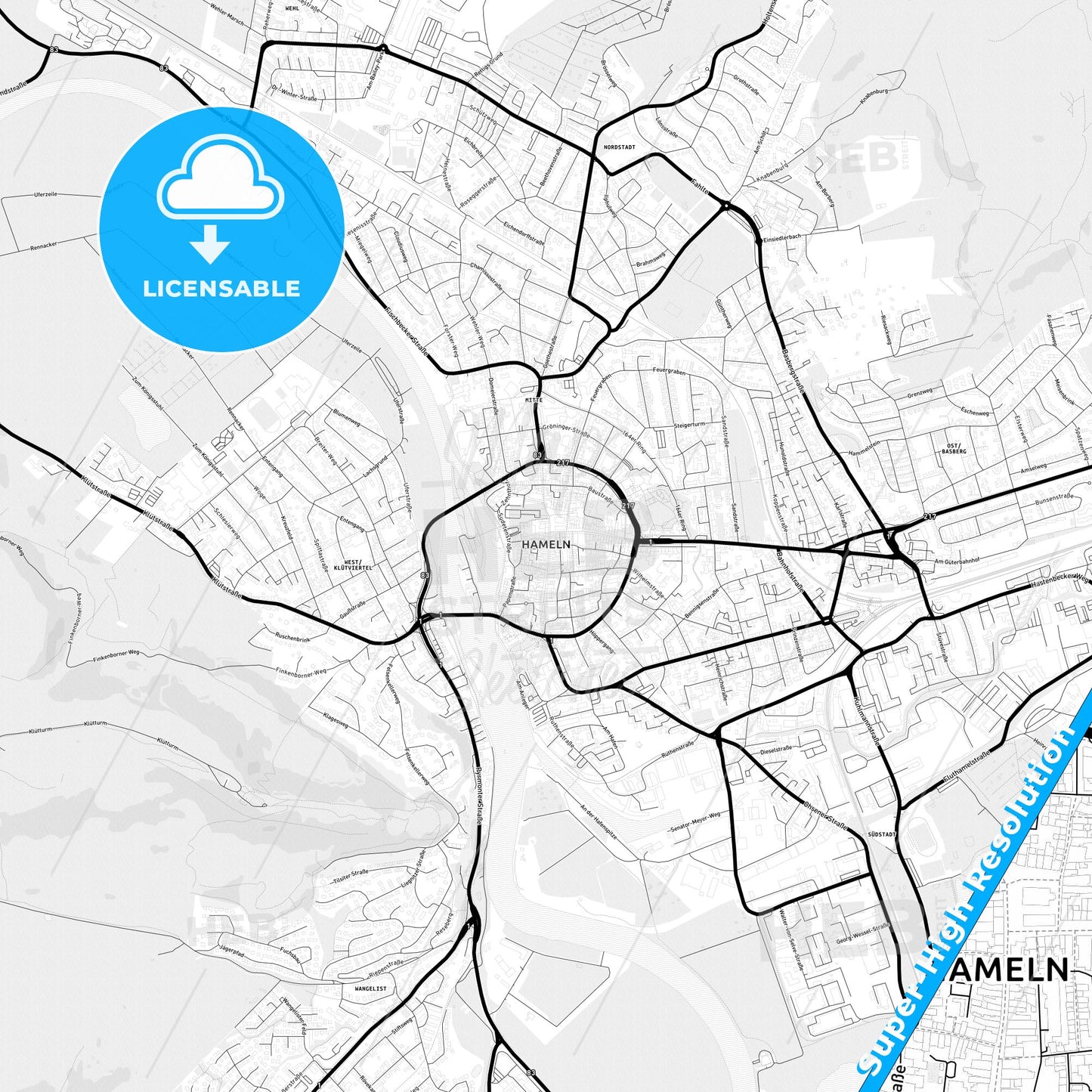 Hameln, Germany Light Map with Street Names, City Names, and Districts