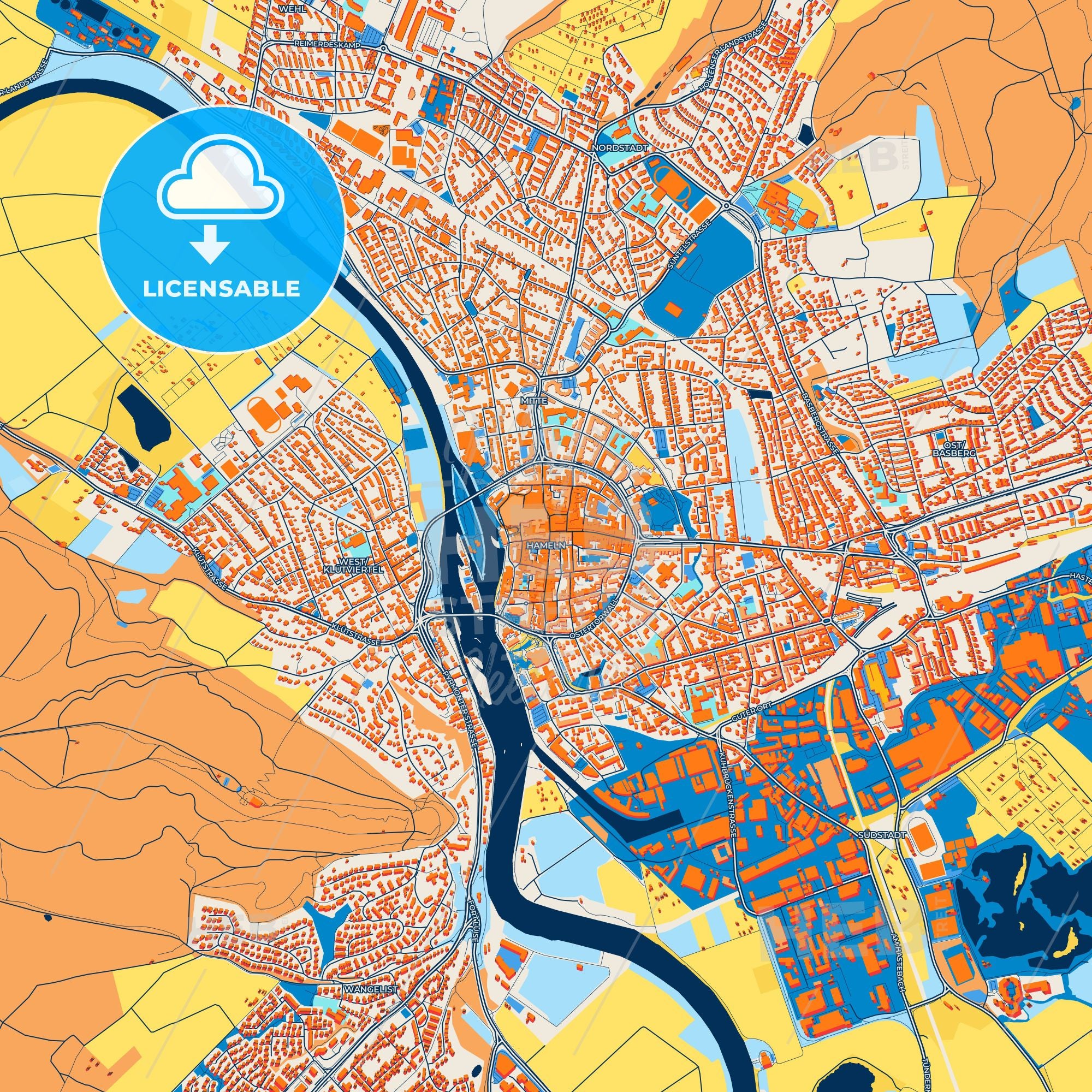 Colorful Hameln Street Map With Labels And Buildings – HEBSTREITS