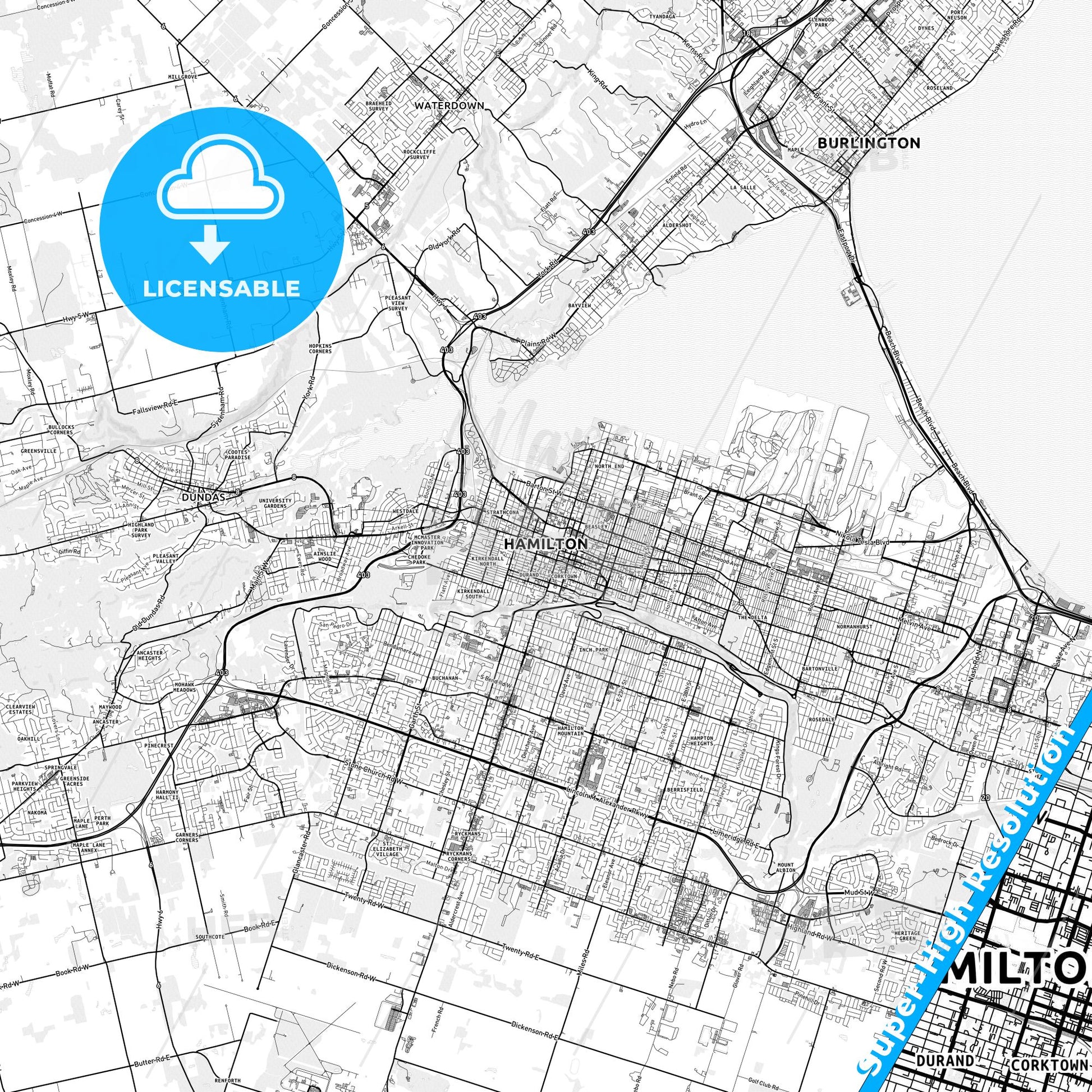 Hamilton, Canada light map with streetnames, citynames and districts