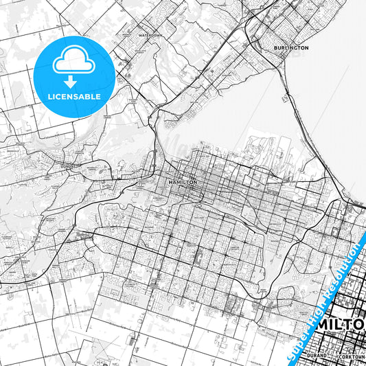 Hamilton, Canada light map with streetnames, citynames and districts