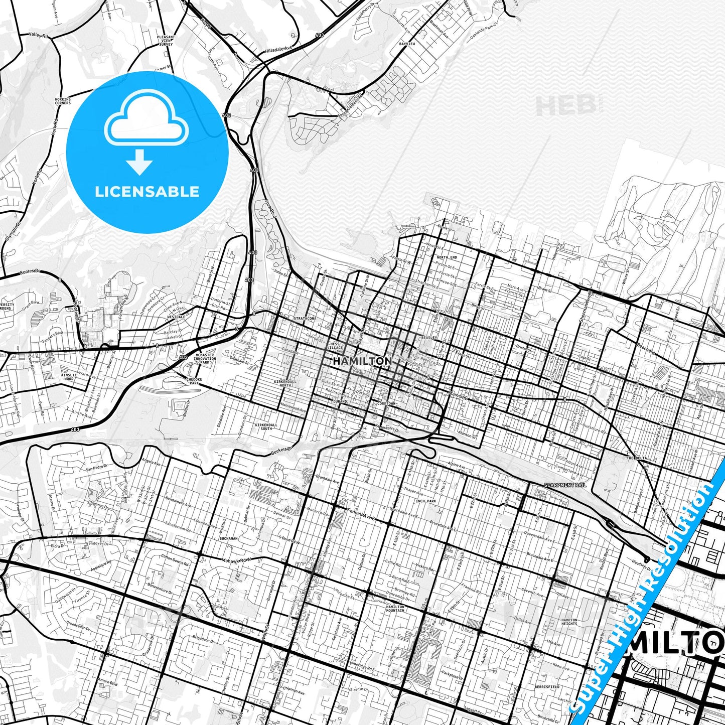 Hamilton, Canada Light Map with Street Names, City Names, and Districts