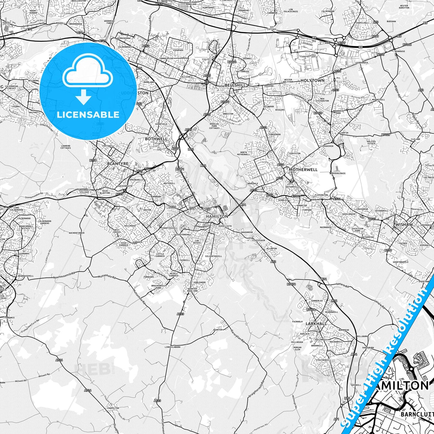 Hamilton, Scotland light map with streetnames, citynames and districts