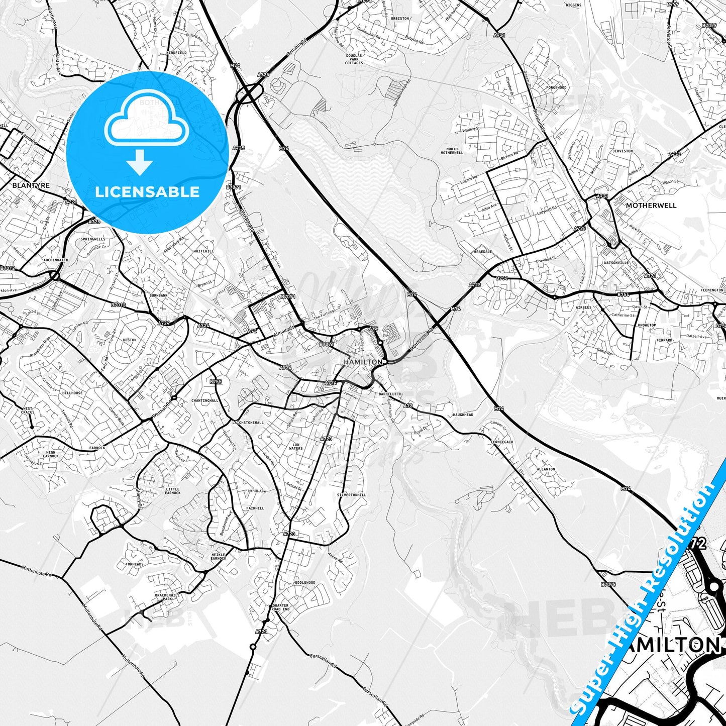 Hamilton, Scotland Light Map with Street Names, City Names, and Districts
