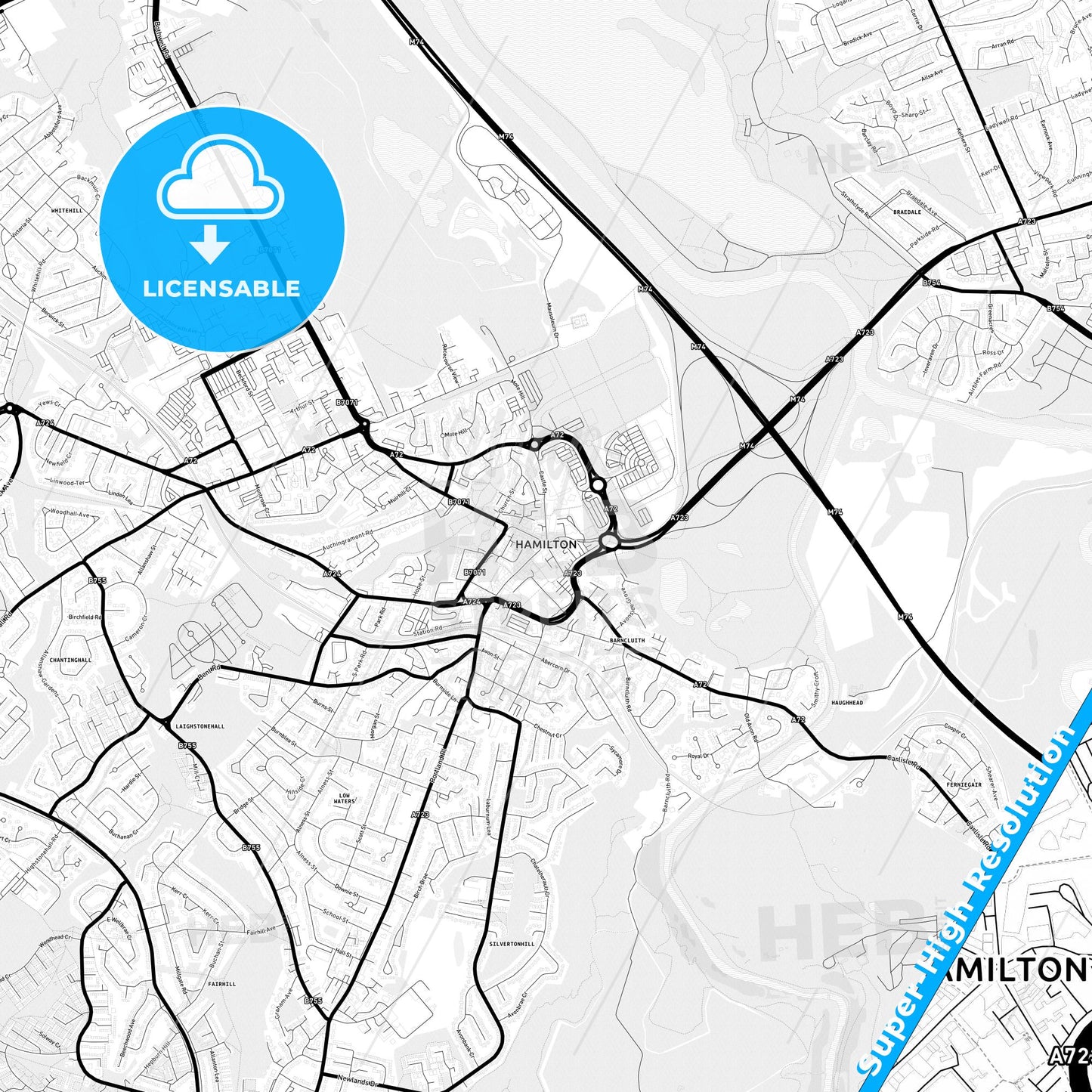 Hamilton, Scotland Light Map with Street Names, City Names, and Districts