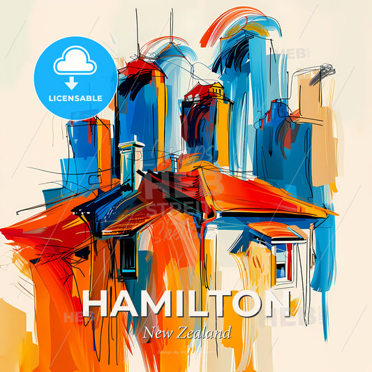Vibrant Hamilton, New Zealand - A Painting Of A Building With A Red Roof - Square format print template