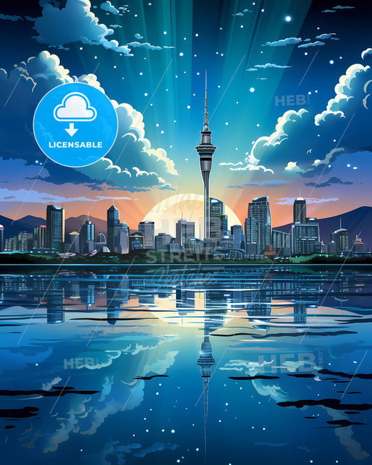 City Skyline Painting, Hamilton New Zealand, Vibrant, Artistic Representation, Sun Reflection