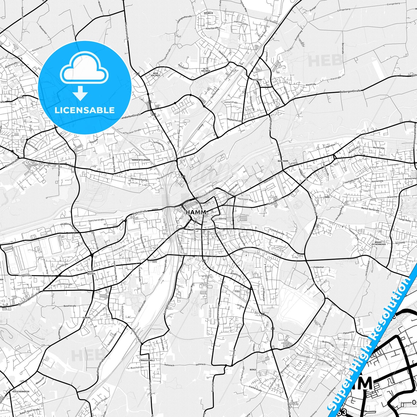 Hamm, Germany Light Map with Street Names, City Names, and Districts