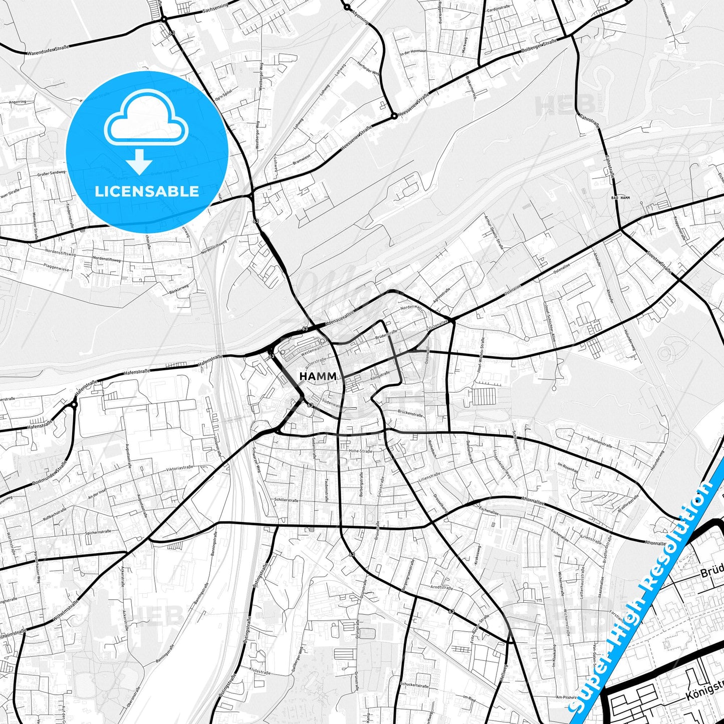 Hamm, Germany Light Map with Street Names, City Names, and Districts