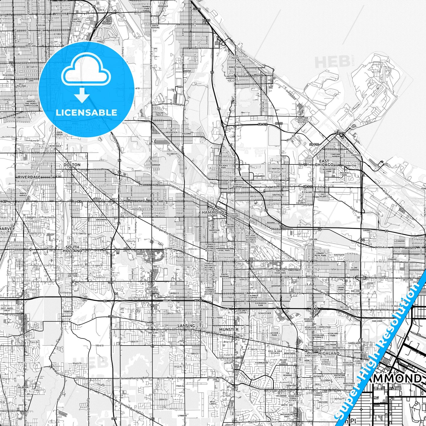 Hammond, Indiana light map with streetnames, citynames and districts