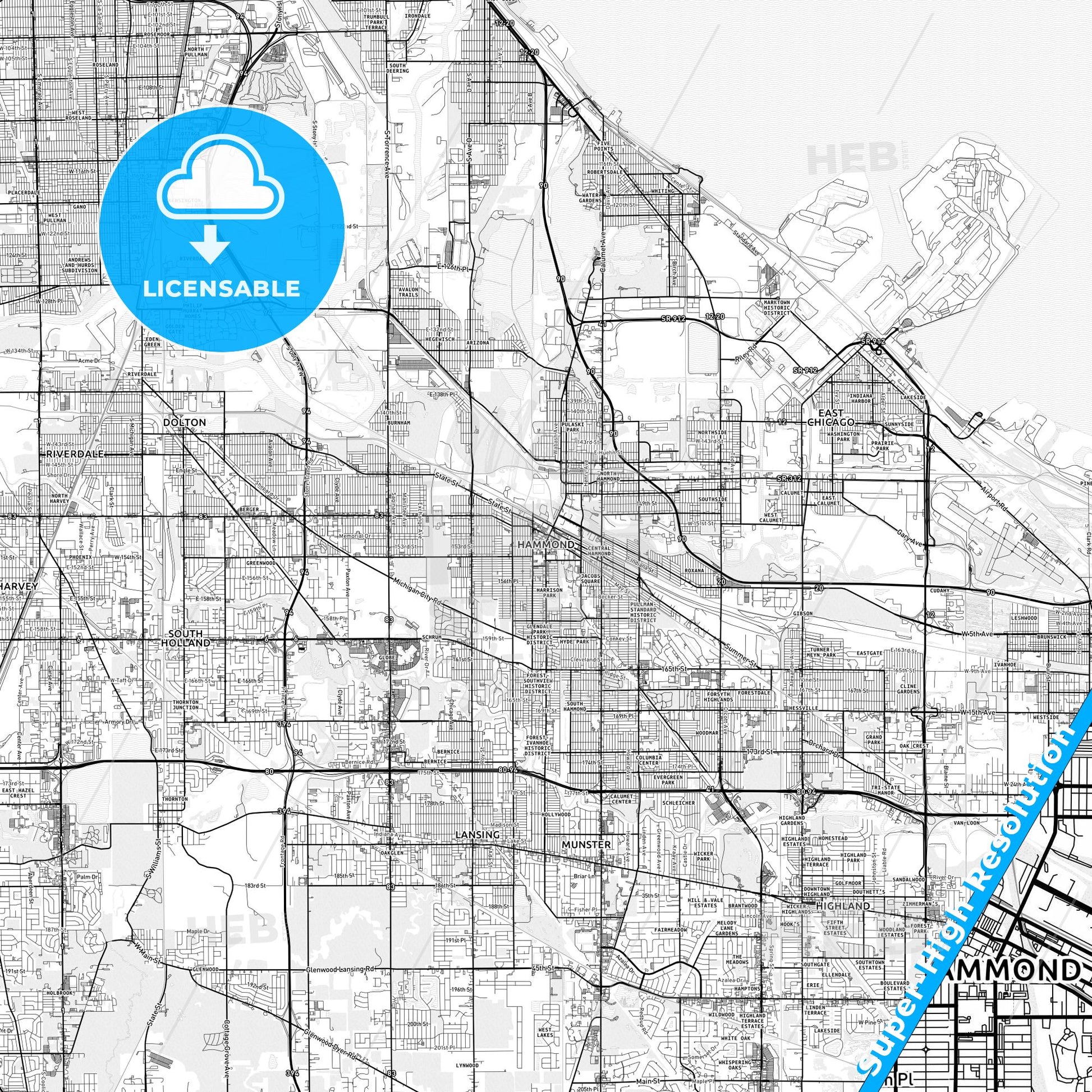 Hammond, Indiana light map with streetnames, citynames and districts