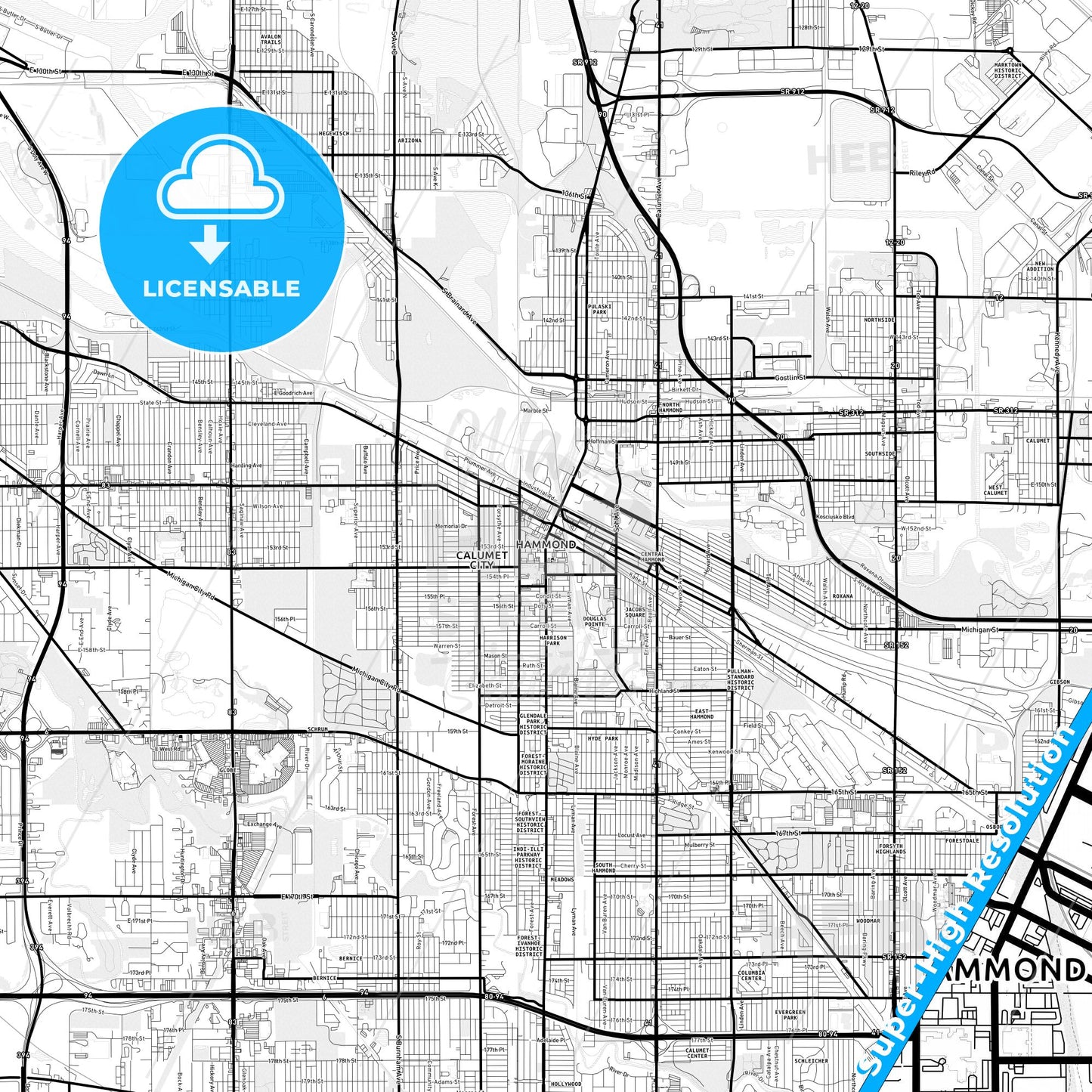Hammond, Indiana Light Map with Street Names, City Names, and Districts