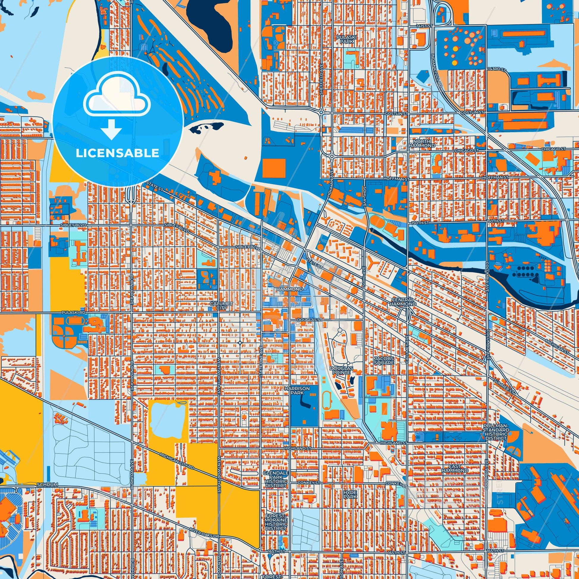 Colorful Hammond Street Map with Labels and Buildings