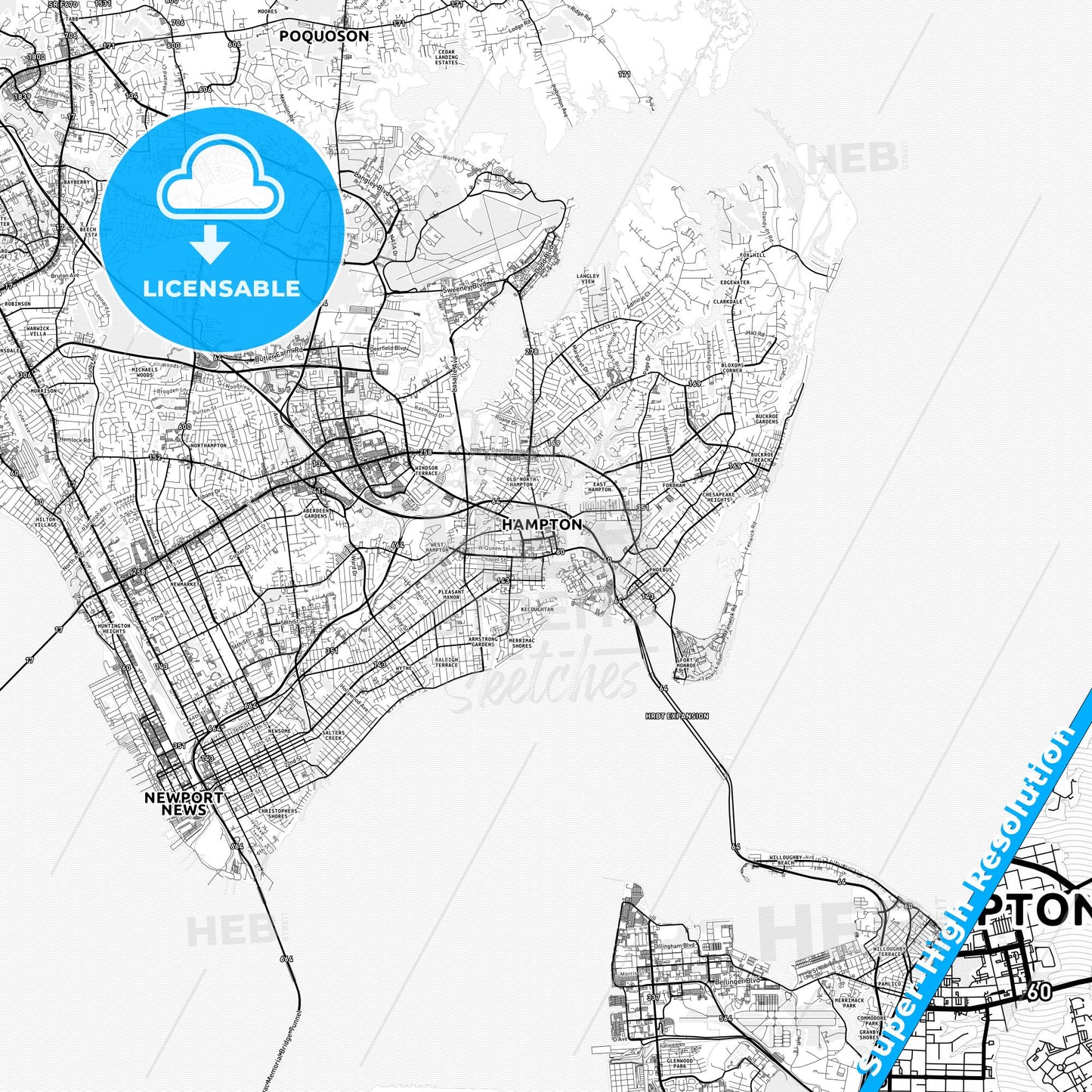 Hampton, Virginia light map with streetnames, citynames and districts