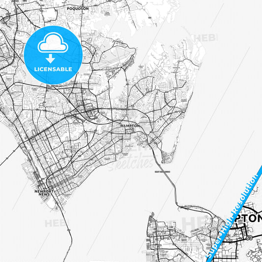 Hampton, Virginia light map with streetnames, citynames and districts
