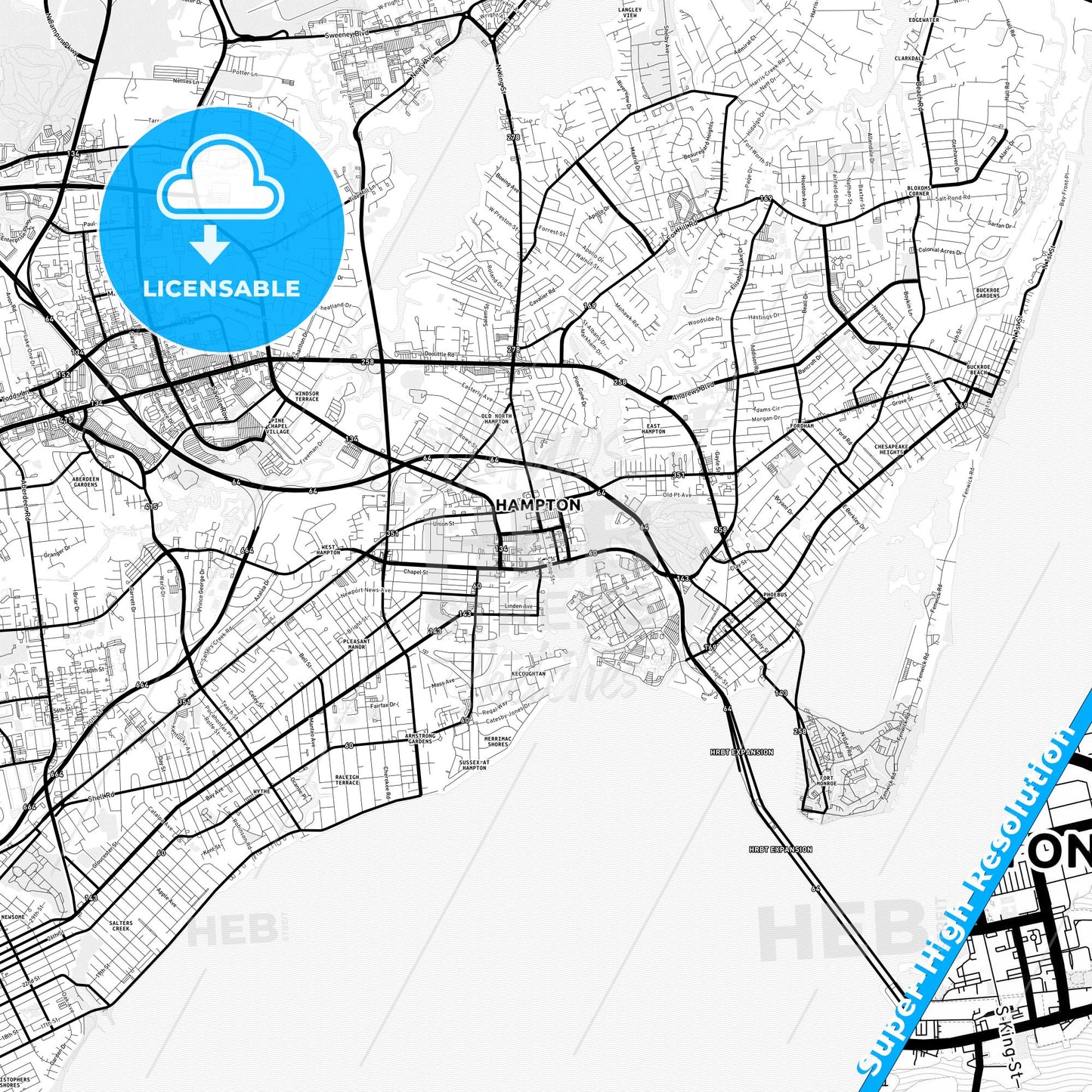Hampton, Virginia Light Map with Street Names, City Names, and Districts