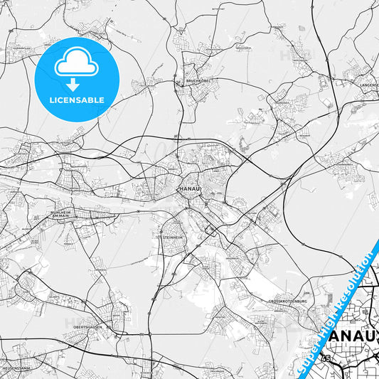 Hanau, Germany light map with streetnames, citynames and districts