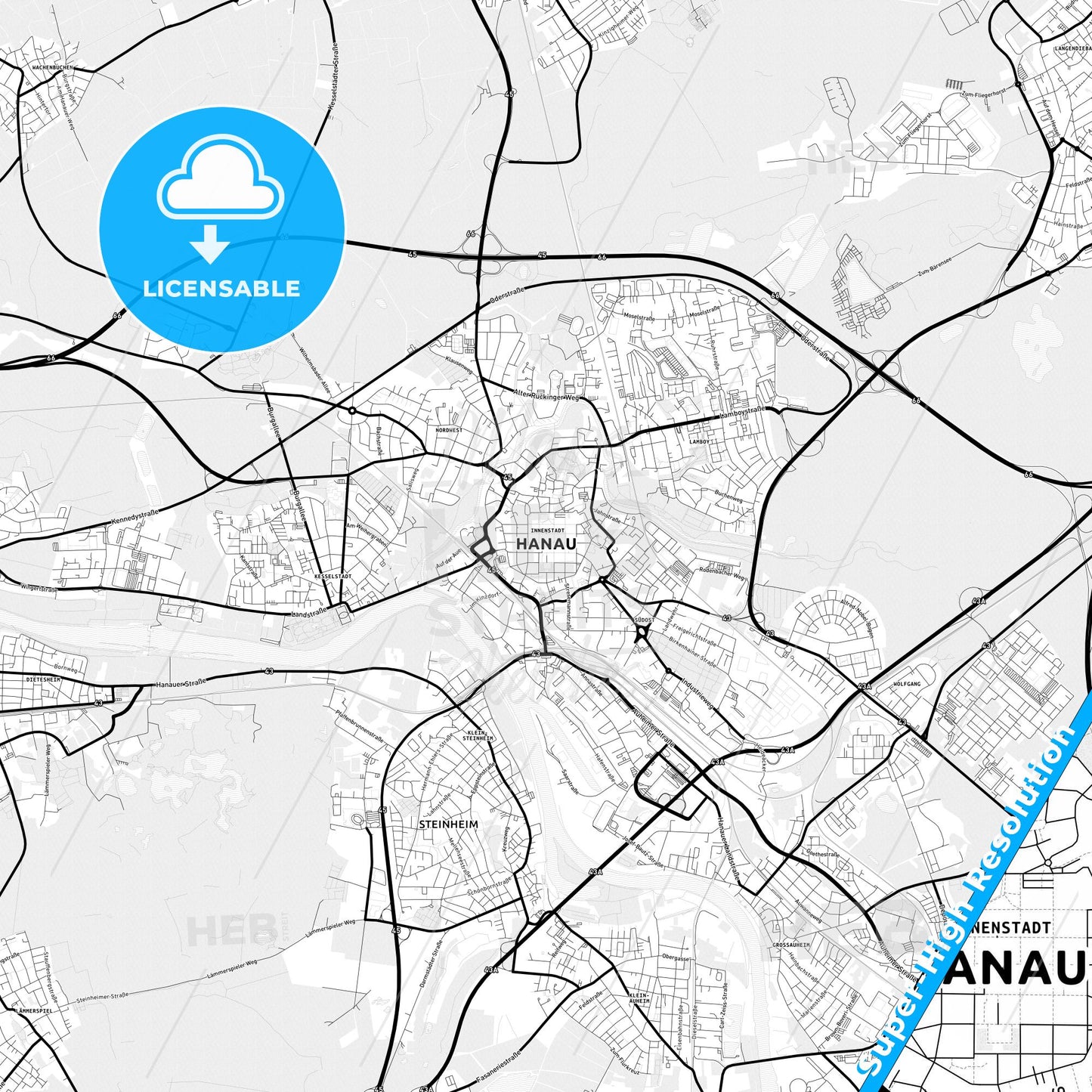Hanau, Germany Light Map with Street Names, City Names, and Districts