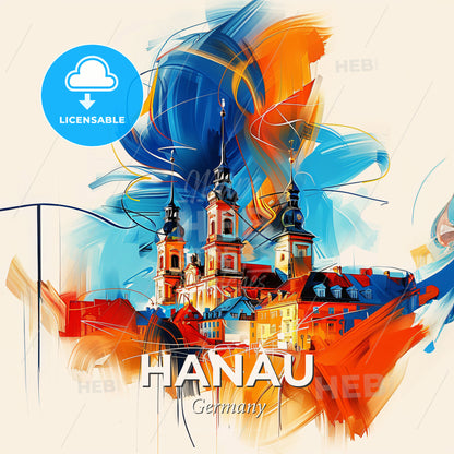 Vibrant Hanau, Germany - A Painting Of A Building With Towers - Square format print template
