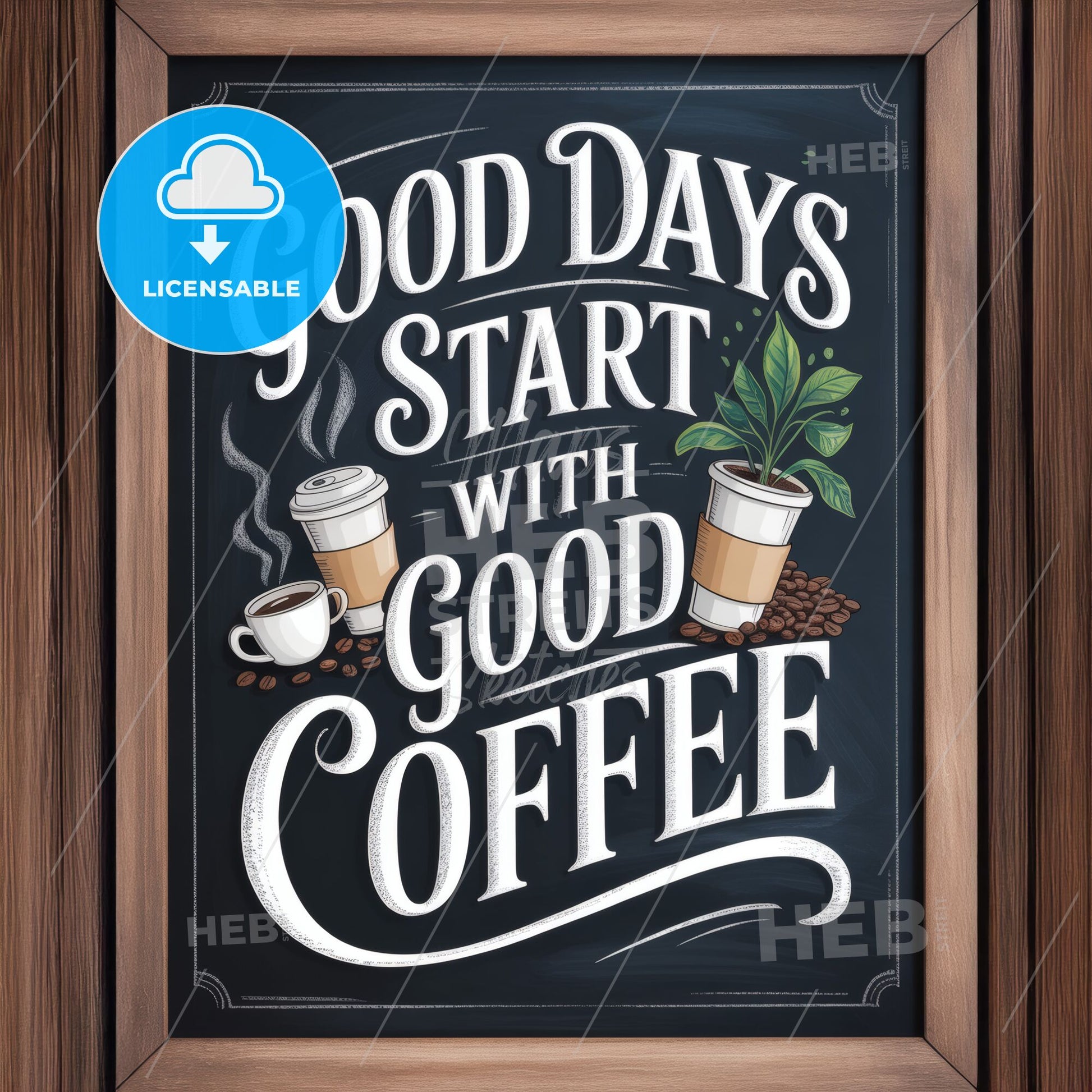Hand-painted Coffee Motivational Sign Featuring Chic Design with Cups and Coffee Beans for Cafe Decor.