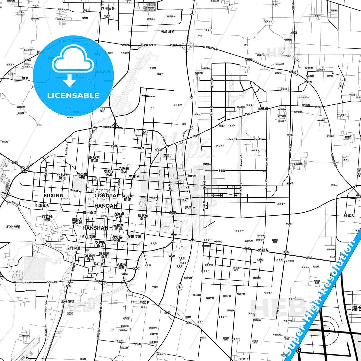 Handan, China light map with streetnames, citynames and districts