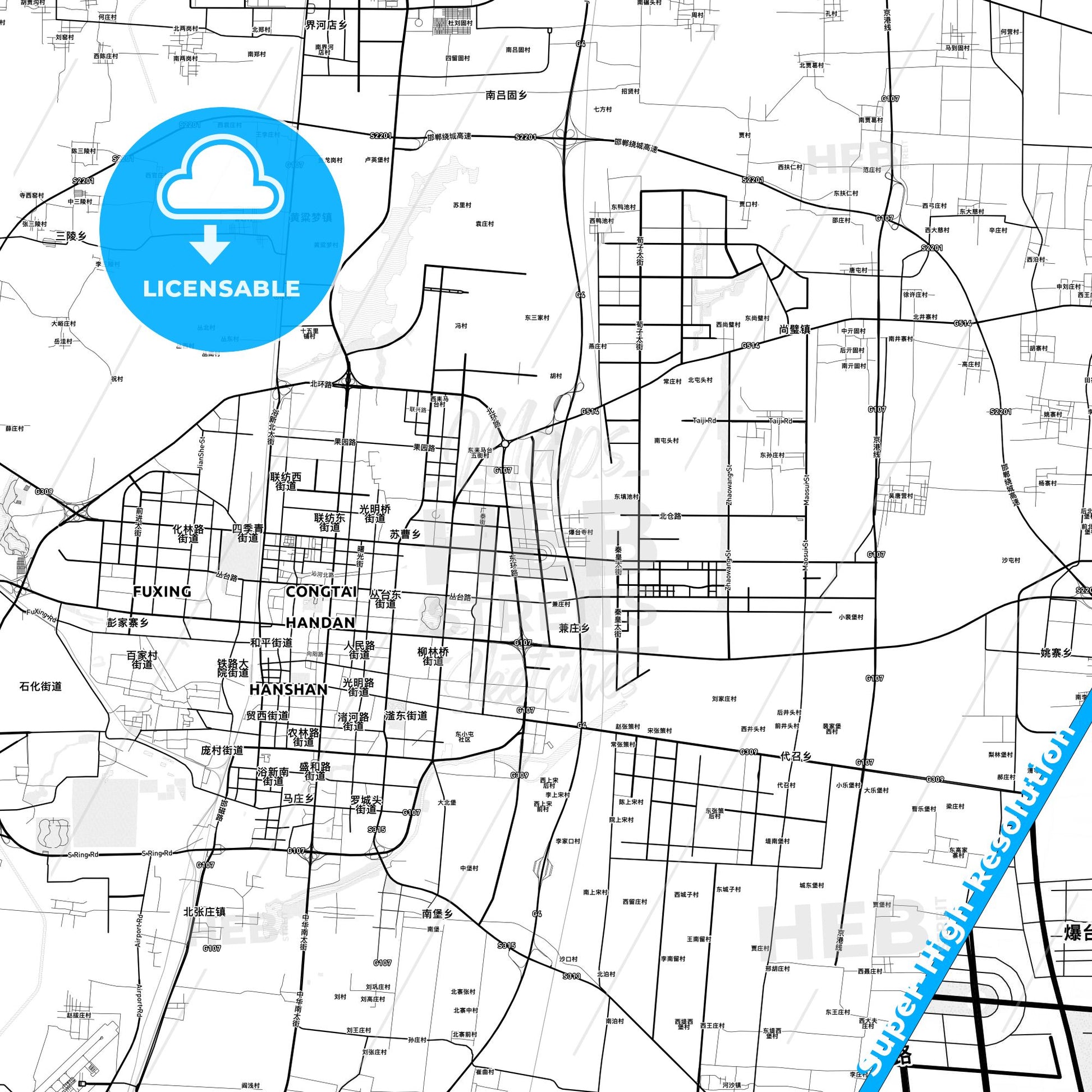 Handan, China light map with streetnames, citynames and districts