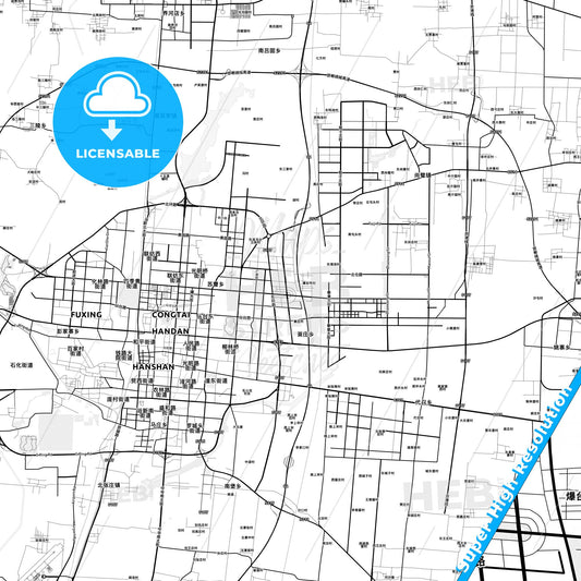 Handan, China light map with streetnames, citynames and districts