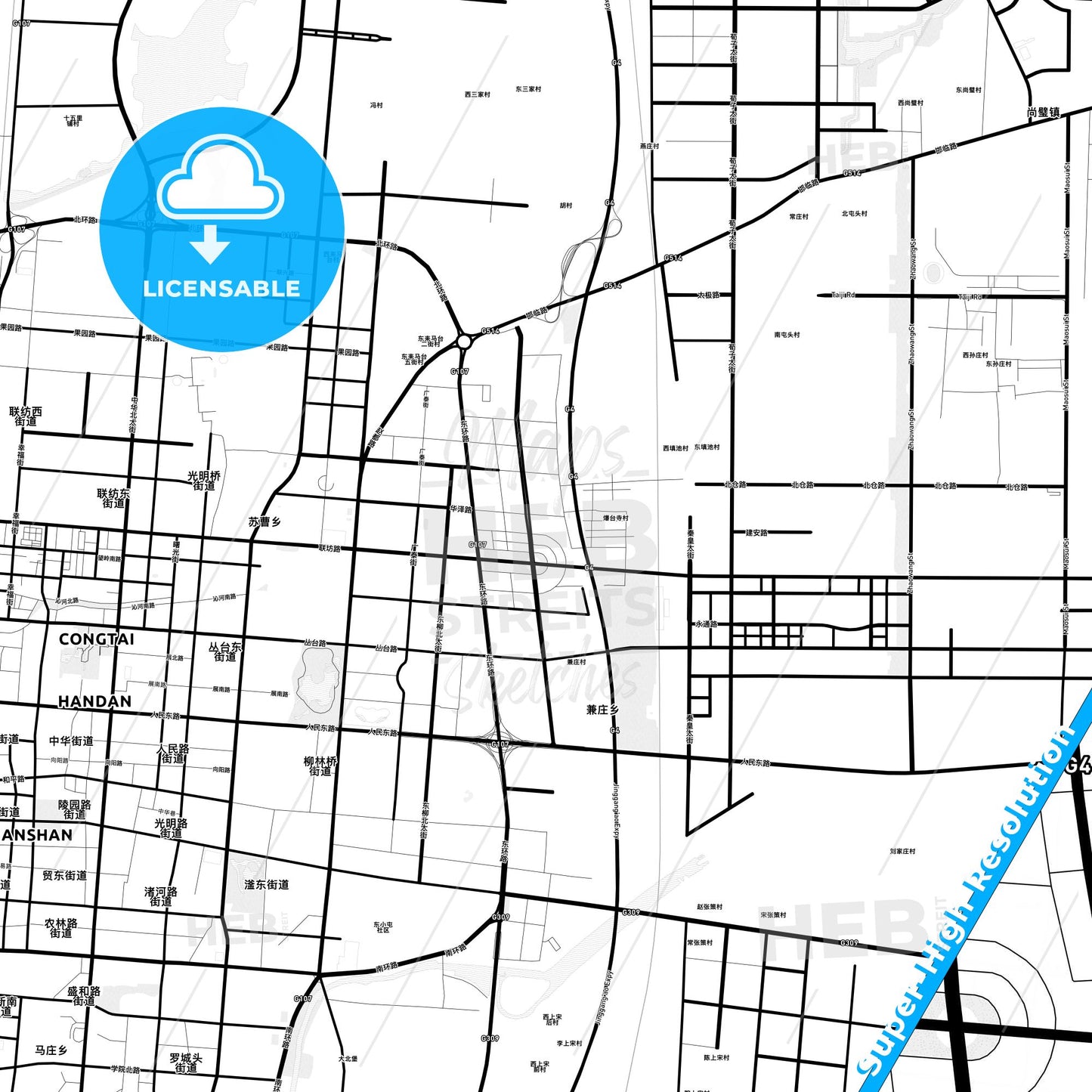 Handan, China Light Map with Street Names, City Names, and Districts