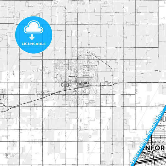 Hanford, California light map with streetnames, citynames and districts