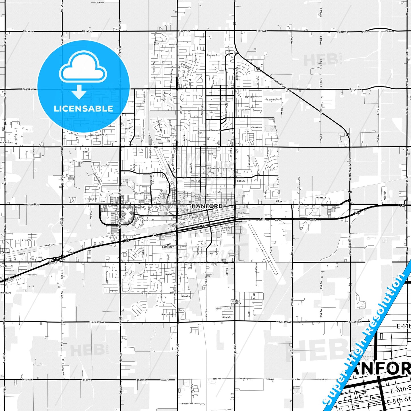 Hanford, California Light Map with Street Names, City Names, and Districts