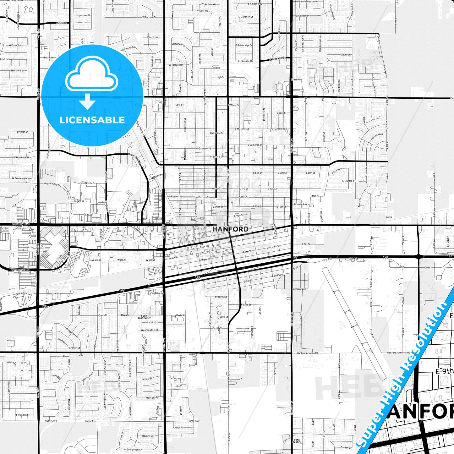 Hanford, California Light Map with Street Names, City Names, and Districts