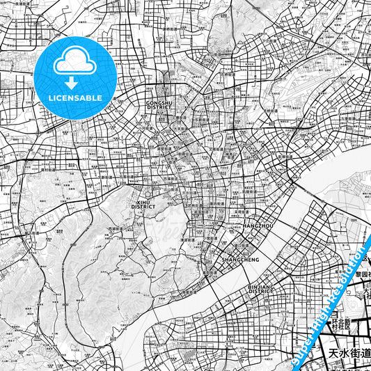 Hangzhou, China light map with streetnames, citynames and districts