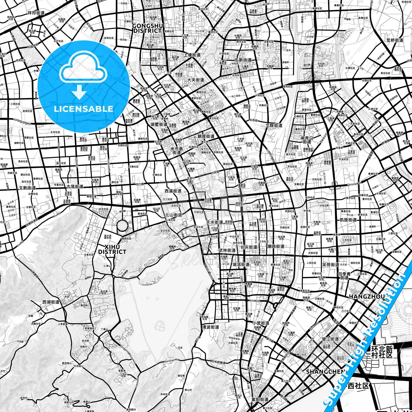 Hangzhou, China Light Map with Street Names, City Names, and Districts