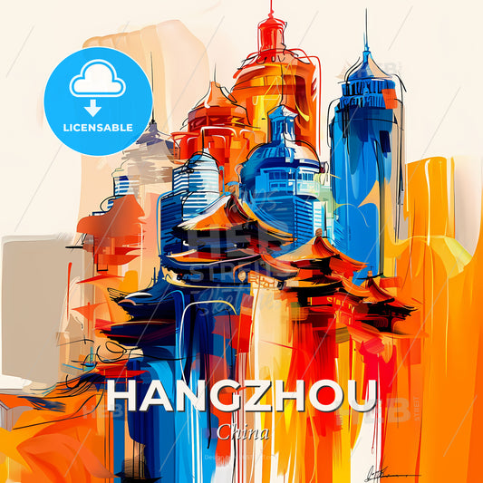 Vibrant Hangzhou, China - A Painting Of A City - Square format print template