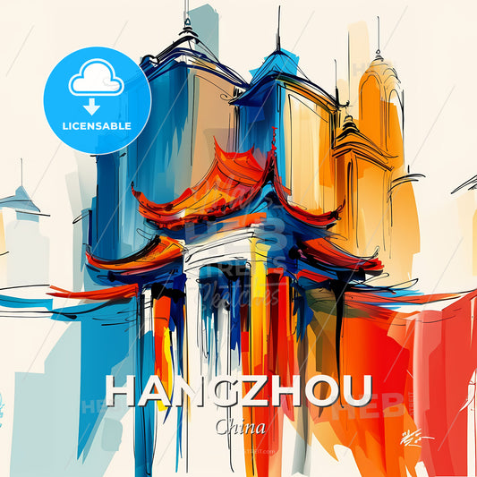 Vibrant Hangzhou, China - A Painting Of A Building - Square format print template