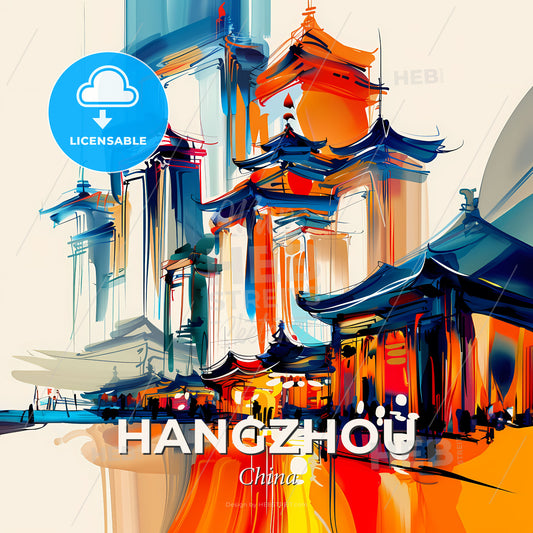 Vibrant Hangzhou, China - A Painting Of A Building - Square format print template