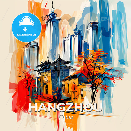 Vibrant Hangzhou, China - A Painting Of A City - Square format print template