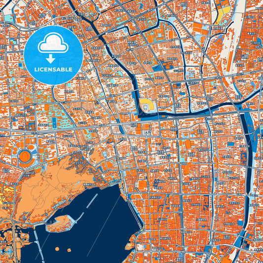 Colorful Hangzhou Street Map with Labels and Buildings