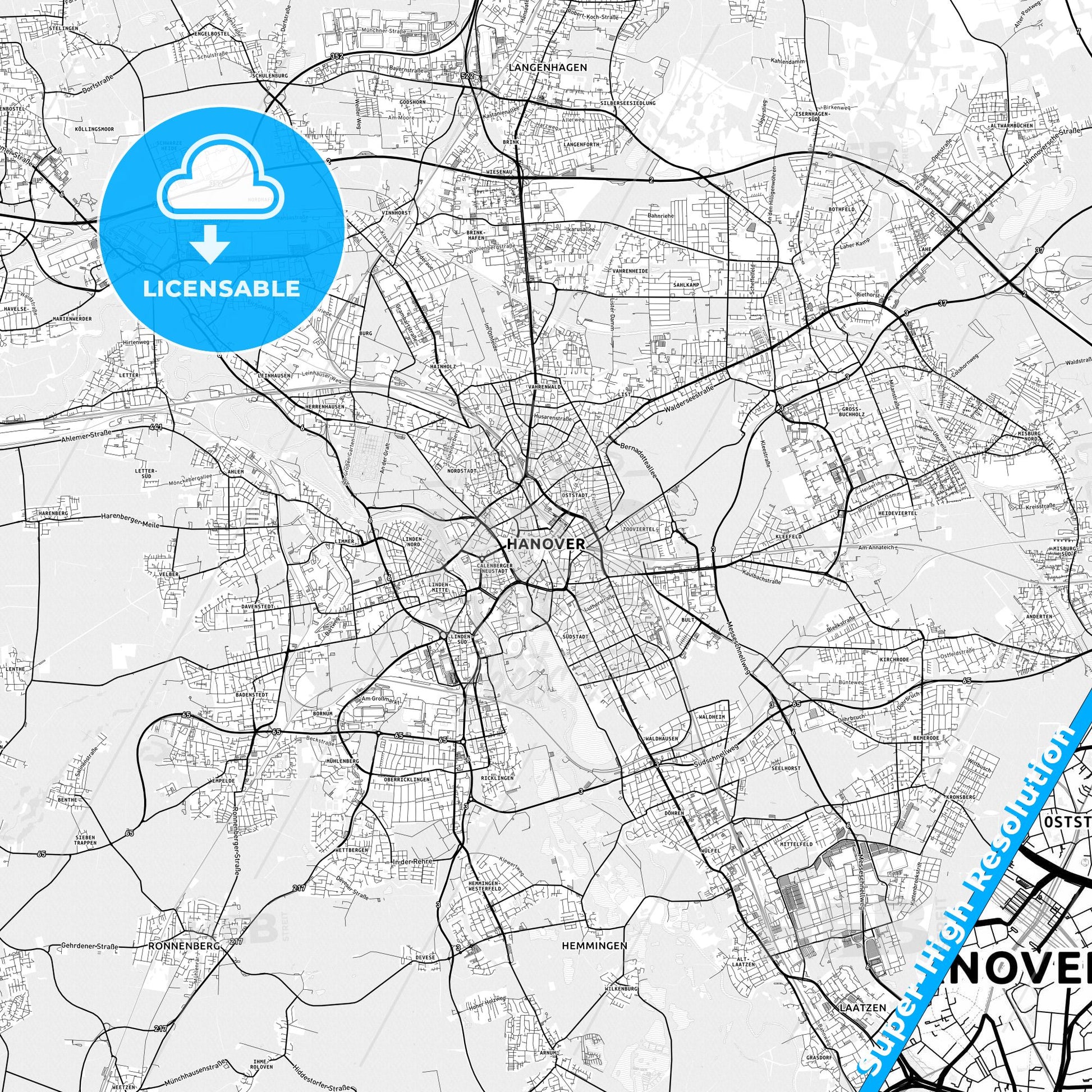 Hannover, Germany light map with streetnames, citynames and districts