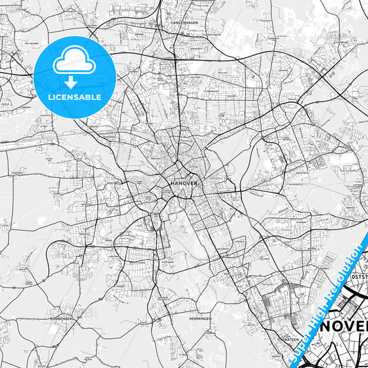 Hannover, Germany light map with streetnames, citynames and districts